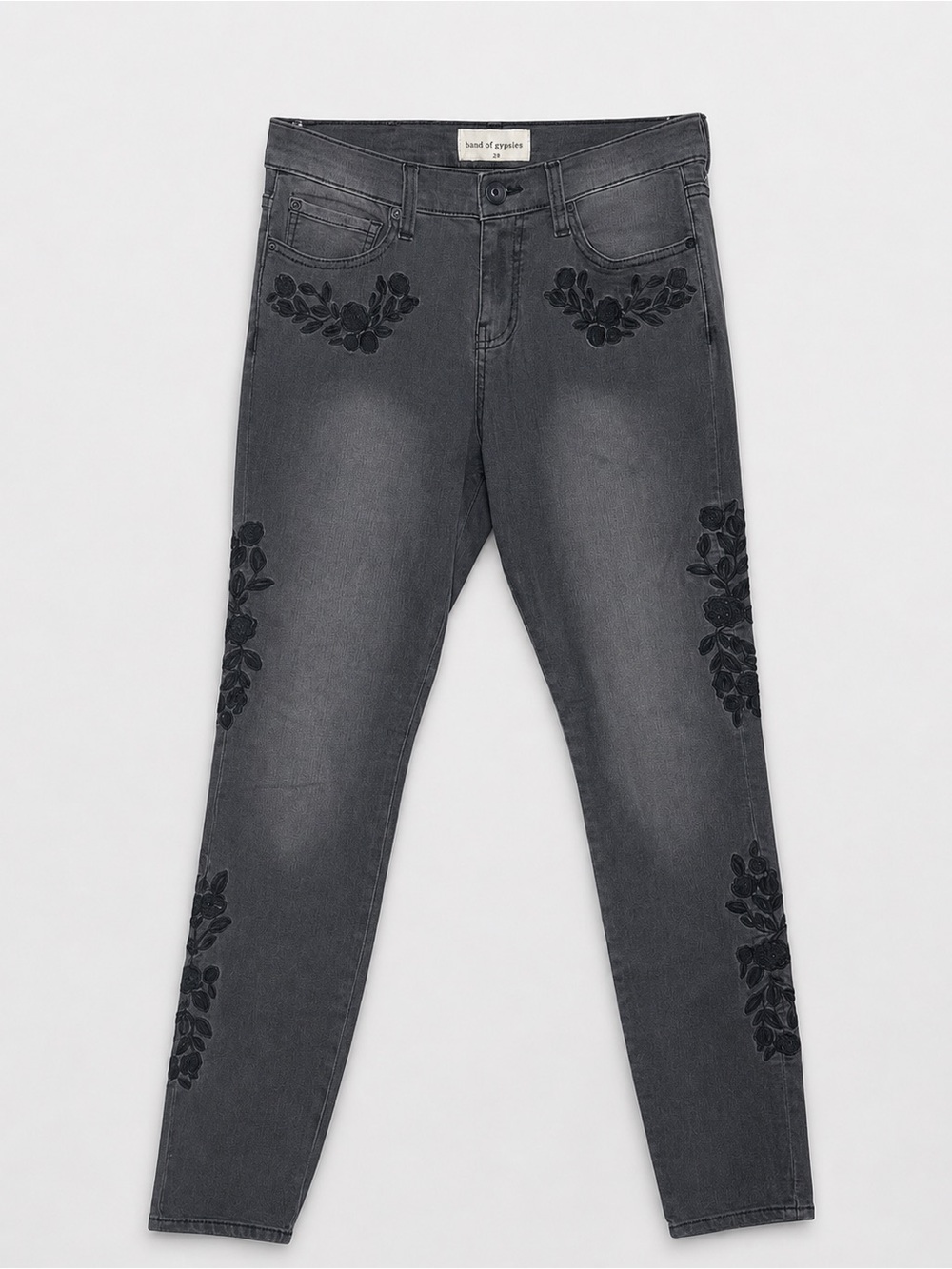 Band of Gypsies Women’s 29 Gray‎ Skinny Jeans Black Floral Embroidered Boho